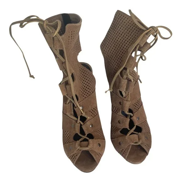 SCHUTZ Tan Suede Lace Up Heels Size 6 - Picture 1 of 8